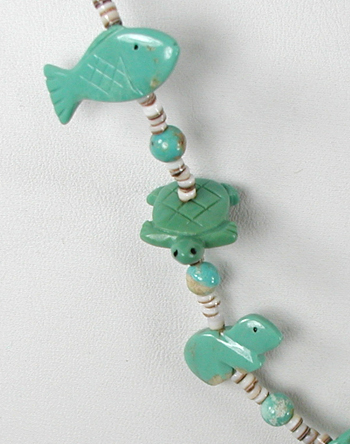 Turquoise Animal Necklace with shell heishi 25 1/2 inches long