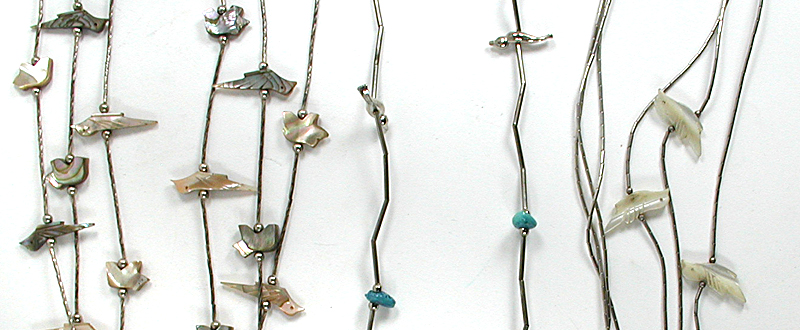 Three multi-strand necklaces with birds, olive shell heishi, melon shell heishi approximately 24 to 28 inches long