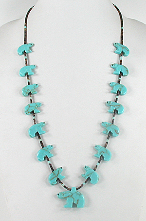 turquoise bears and pen shell and turquoise heishi necklace 28 inches long