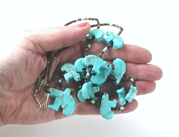 turquoise bears and pen shell and turquoise heishi necklace 28 inches long