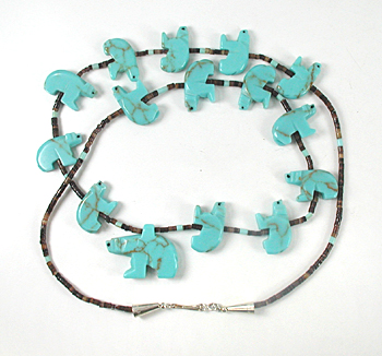 turquoise bears and pen shell and turquoise heishi necklace 28 inches long