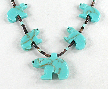 turquoise bears and pen shell and turquoise heishi necklace 28 inches long