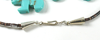 turquoise bears and pen shell and turquoise heishi necklace 28 inches long