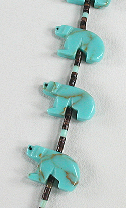 turquoise bears and pen shell and turquoise heishi necklace 28 inches long