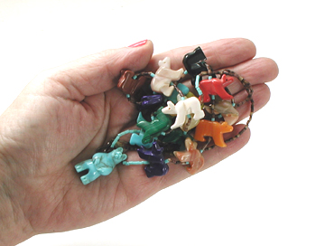 colorful bears and olive shell and turquoise heishi necklace 28 inches long