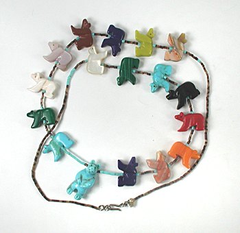 colorful bears and olive shell and turquoise heishi necklace 28 inches long