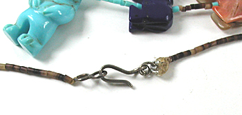 colorful bears and olive shell and turquoise heishi necklace 28 inches long