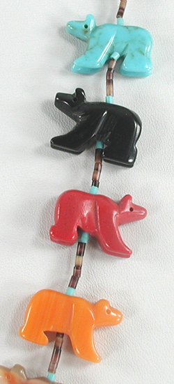colorful bears and olive shell and turquoise heishi necklace 28 inches long