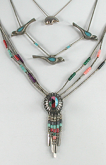 lot of two single-strand and one 3-strand Necklace with bear, birds, inlay and dangles