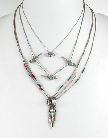 lot of two single-strand and one 3-strand Necklace with bear, birds, inlay and dangles