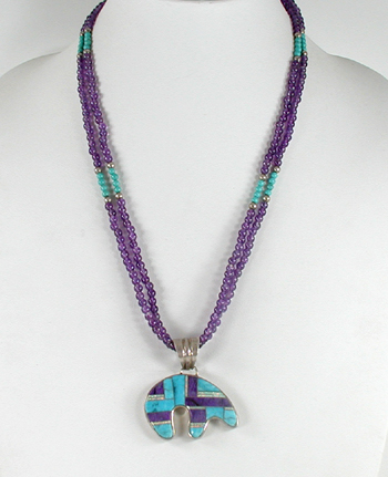 2-Strand lilac bead necklace with inlay bear pendant 23 inches long
