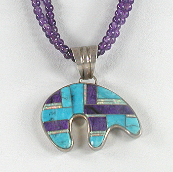2-Strand lilac bead necklace with inlay bear pendant 23 inches long