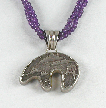 2-Strand lilac bead necklace with inlay bear pendant 23 inches long