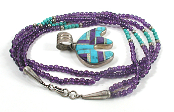 2-Strand lilac bead necklace with inlay bear pendant 23 inches long