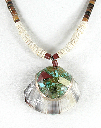 16 inch long heishi necklace with inlay shell pendant