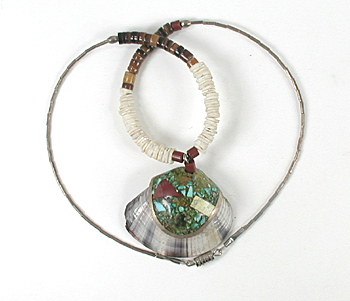 16 inch long heishi necklace with inlay shell pendant