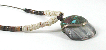 16 inch long heishi necklace with inlay shell pendant