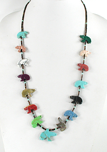 colorful 15 bears and heishi necklace 28 1/2 inches long