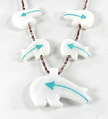 15 white bears with heart lines and olive shell heishi necklace 30 inches long