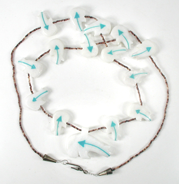 15 white bears with heart lines and olive shell heishi necklace 30 inches long