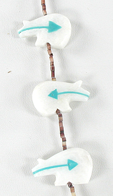 15 white bears with heart lines and olive shell heishi necklace 30 inches long