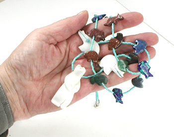 colorful 19 animals and turquoise heishi necklace 32 inches long