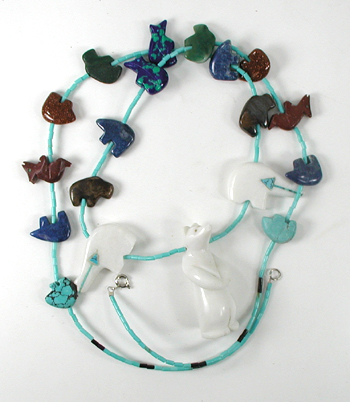 colorful 19 animals and turquoise heishi necklace 32 inches long