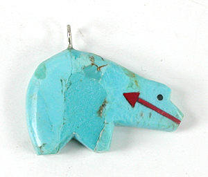 Turquoise bear pendant with coral heart line