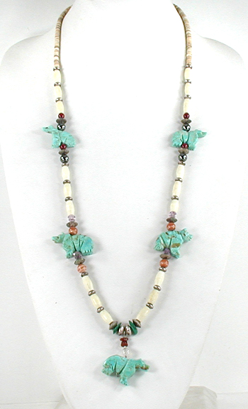 5 turquoise bears, melon shell heishi, hair pipe beads, other beads necklace 33 inches long