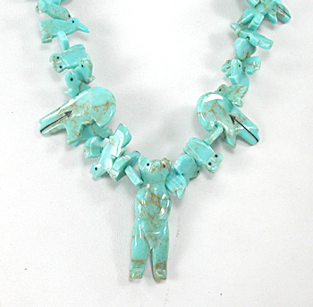 Stacked turquoise Animals necklace 28 inches long with faux squaw wrap