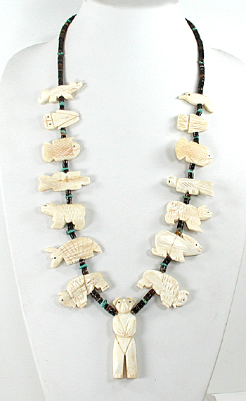 Bone animals and pen shell heishi necklace 30 inches long