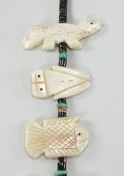 Bone animals and pen shell heishi necklace 30 inches long