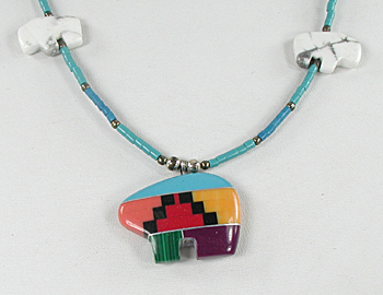 seven bears and two buffalo necklace with turquoise heishi 25 inches long