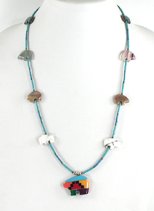 seven bears and two buffalo necklace with turquoise heishi 25 inches long