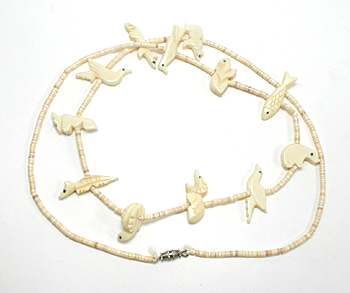 Bone animals and melon shell heishi necklace 26 inches long