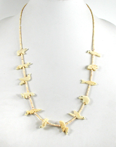 Bone animals and melon shell heishi necklace 26 inches long