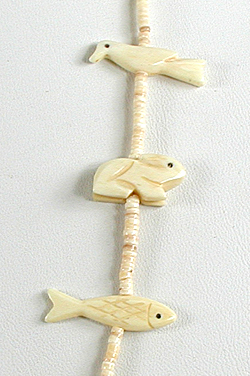 Bone animals and melon shell heishi necklace 26 inches long