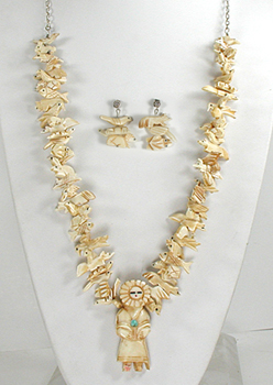 Stacked Animals necklace and earrings set of bone with faux squaw wrap 32 inches long