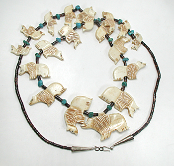 graduated bone bears necklace with turquoise nuggets on pen shell heishi 33 inches long