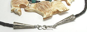 graduated bone bears necklace with turquoise nuggets on pen shell heishi 33 inches long