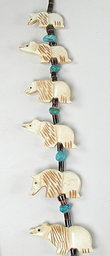 graduated bone bears necklace with turquoise nuggets on pen shell heishi 33 inches long