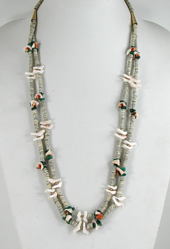 28 inch long 2-strand bird necklace of melon shell and olive shell heishi, excellent condition