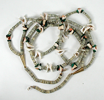 28 inch long 2-strand bird necklace of melon shell and olive shell heishi, excellent condition