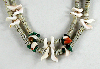 28 inch long 2-strand bird necklace of melon shell and olive shell heishi, excellent condition
