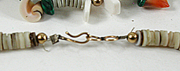 28 inch long 2-strand bird necklace of melon shell and olive shell heishi, excellent condition