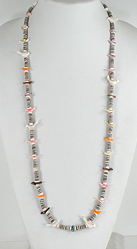 33 inch long bird necklace of shell birds and olive shell heishi, excellent condition