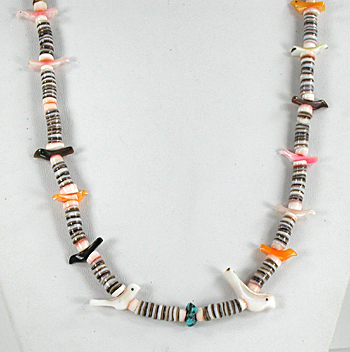 33 inch long bird necklace of shell birds and olive shell heishi, excellent condition