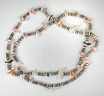 33 inch long bird necklace of shell birds and olive shell heishi, excellent condition