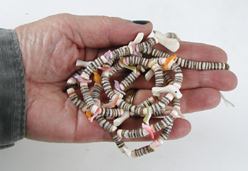 33 inch long bird necklace of shell birds and olive shell heishi, excellent condition