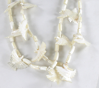29 inch long 2-strand bird necklace of mother of pearl, excellent condition